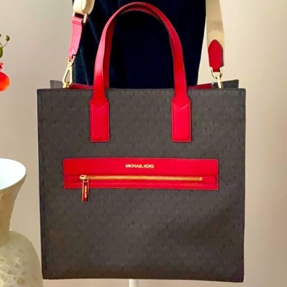 MICHAEL KORS NWT KENLY FLAME RED BROWN SIGNATURE LARGE TOTE CROSSBODY BAG - Picture 2 of 12